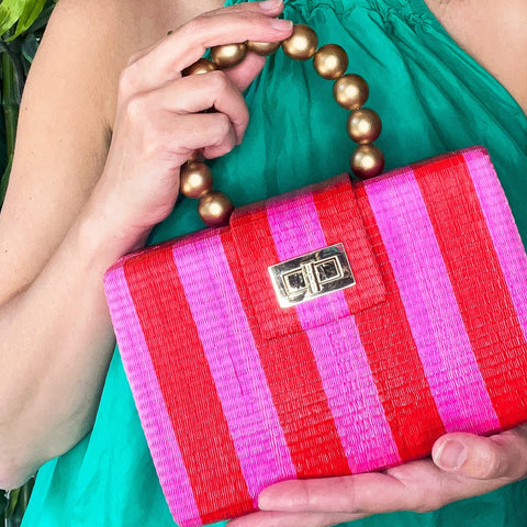 Beach Stripe Clutch with Beads and Turn Lock