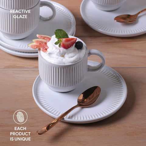 Porto Brasil Everyday Minimalist Stoneware Cup & Saucer with Reactive Glaze - Set of 6