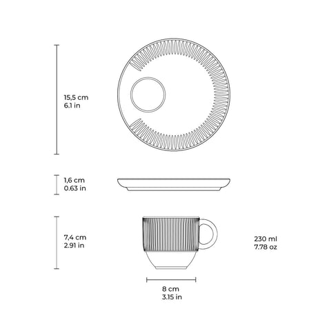 Porto Brasil Everyday Minimalist Stoneware Cup & Saucer with Reactive Glaze - Set of 6