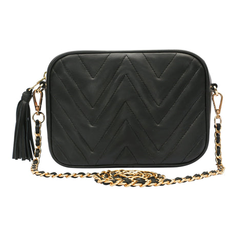 Chevron Quilted Crossbody with Tassels and Zipper Closure