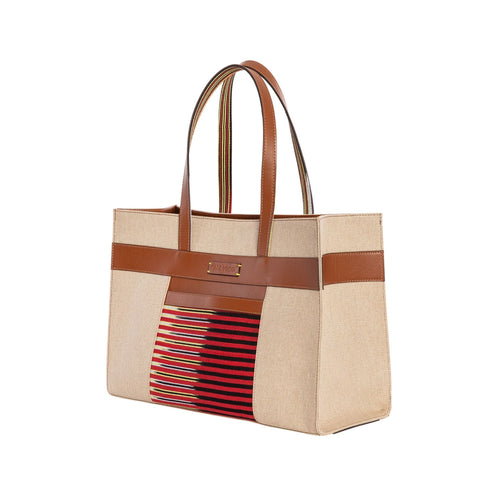 Casual Stripe Leather Trim Tote with Logo and Zip Top