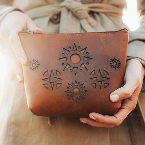 Geometric Embossed Logo Handmade Leather Zipper Pouch