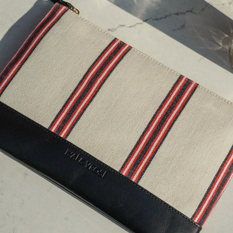 Stripe Zip Top Clutch with Zipper Closure
