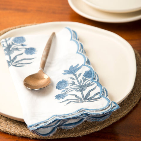 Powered by People Azure Handblocked Floral Scallop Trim Napkin for Tabletop Essentials - Set of 4