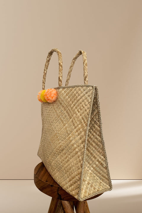 Beach Handwoven Geometric Tote with Pom Poms and Open Top
