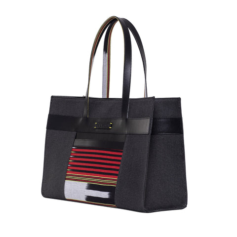 Hand Loomed Stripe Tote with Leather Trim and Magnetic Closure