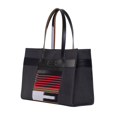 Stripe Graphic Leather Trim Tote with Magnetic Closure