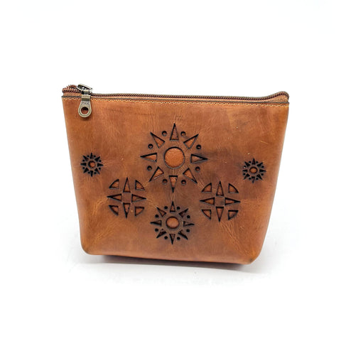 Geometric Embossed Logo Handmade Leather Zipper Pouch