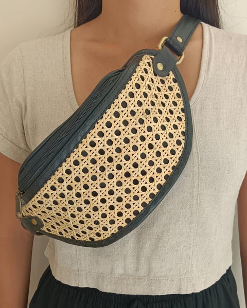 Geometric Leather Trim Sling Bag with Adjustable Straps