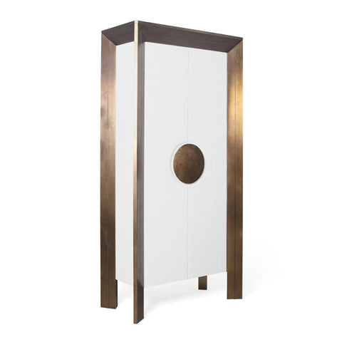 Framed Modern Tall Cabinet with Glass and Metal Accents