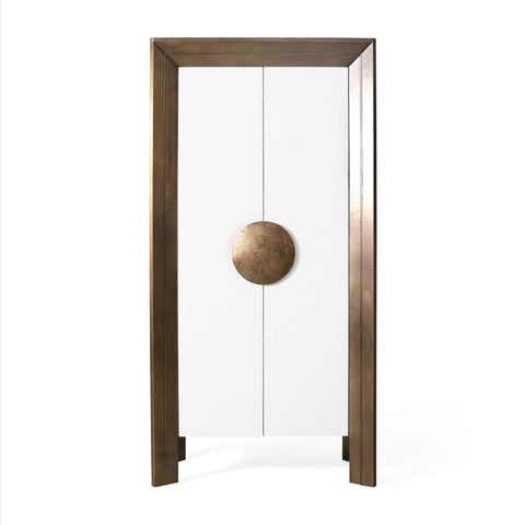 Framed Modern Tall Cabinet with Glass and Metal Accents