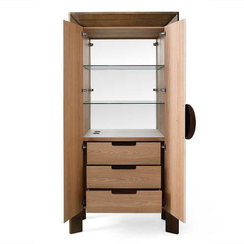 Framed Modern Tall Cabinet with Glass and Metal Accents