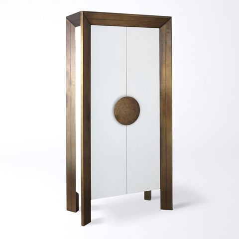 Framed Modern Tall Cabinet with Glass and Metal Accents