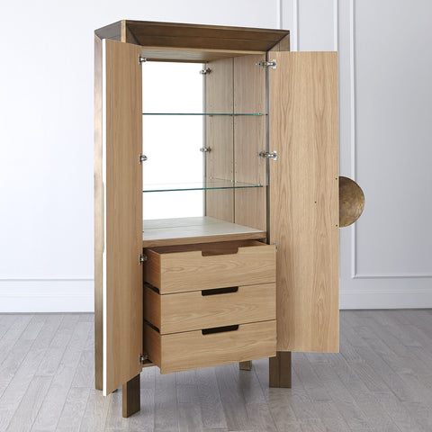 Framed Modern Tall Cabinet with Glass and Metal Accents