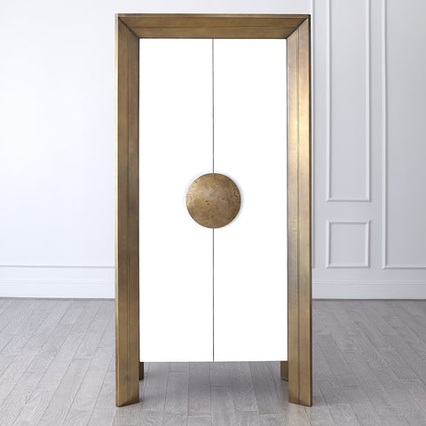 Framed Modern Tall Cabinet with Glass and Metal Accents