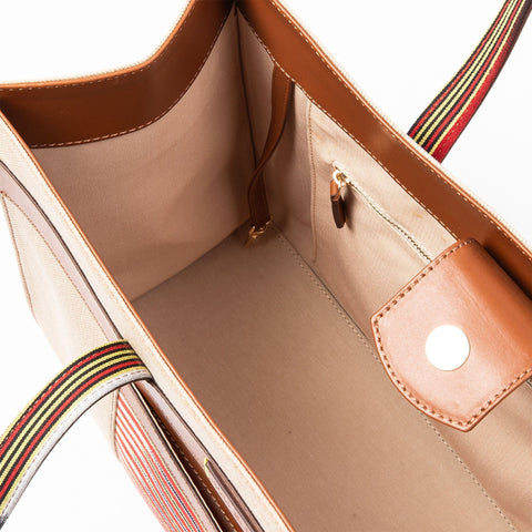 Casual Stripe Tote with Leather Trim and Graphic Design