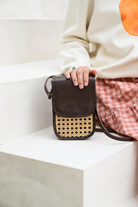 Handwoven Geometric Leather Trim Crossbody