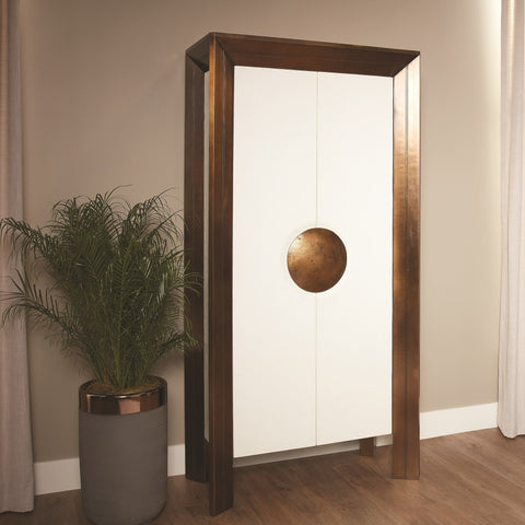 Framed Modern Tall Cabinet with Glass and Metal Accents