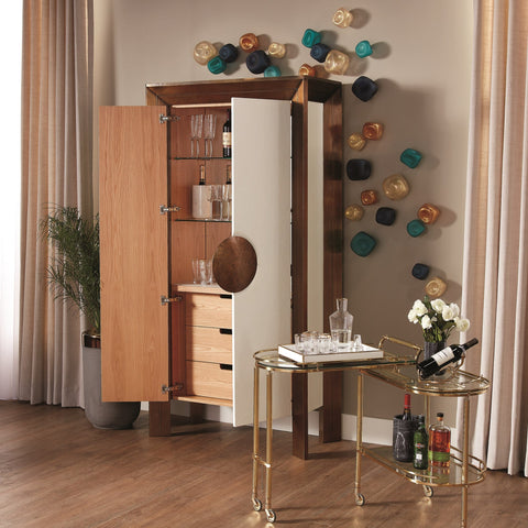 Framed Modern Tall Cabinet with Glass and Metal Accents