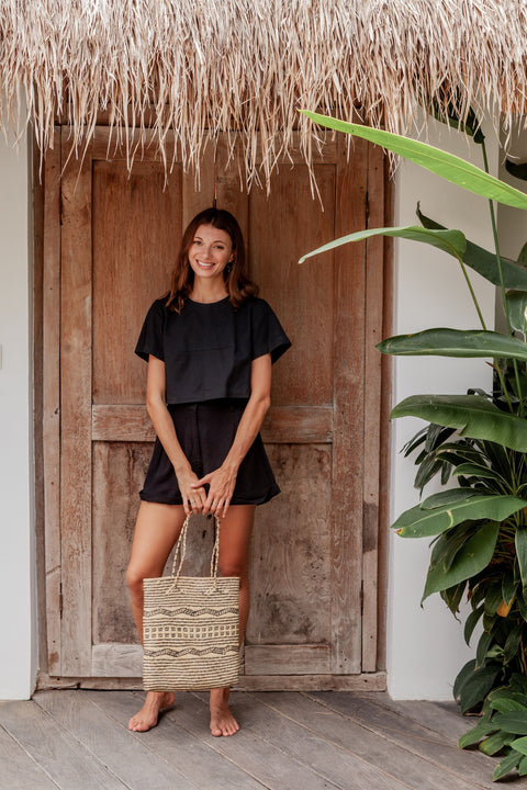 Casual Handmade Braided Rattan Open Top Tote