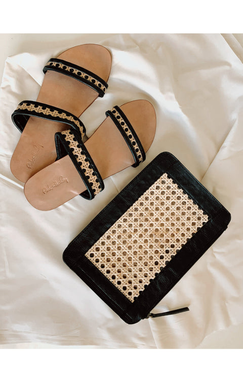 Evening Geometric Rattan Clutch with Leather Trim