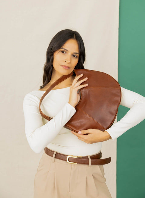 Mahogany Solid Leather Shoulder Bag with Interior Pocket