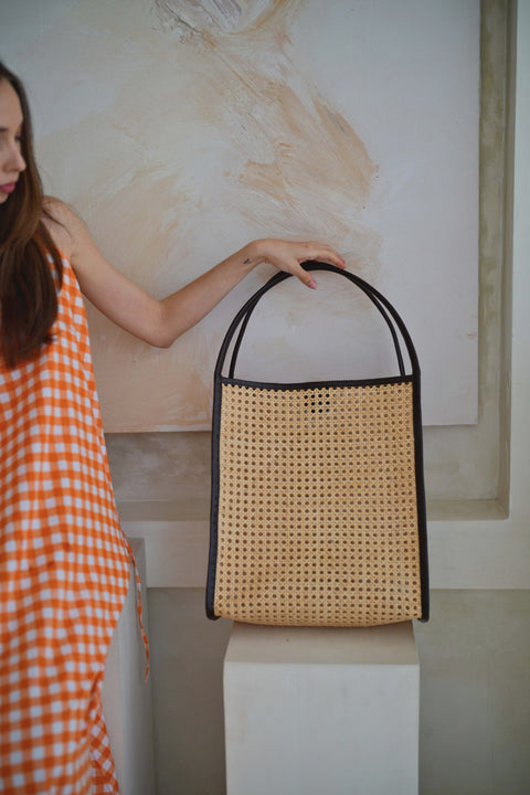 Casual Geometric Handmade Rattan Tote with Leather Trim