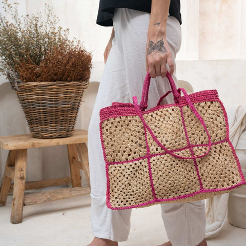 Braided Geometric Raffia Tote