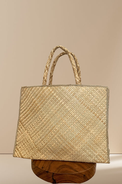 Beach Handwoven Geometric Tote with Pom Poms and Open Top