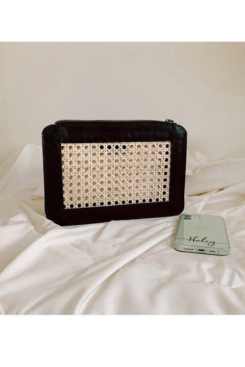Evening Geometric Rattan Clutch with Leather Trim