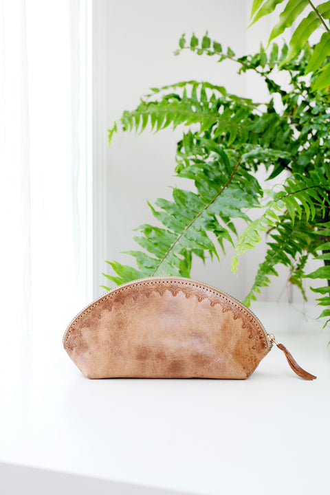 Floral Embossed Handmade Leather Pouch with Zipper Closure