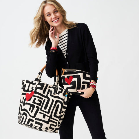 Geometric Heart Hand Screen Printed Bucket Bag with Drawstring