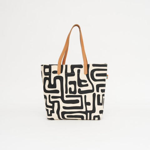 Abstract Graphic Tote with Zip Top and Pocket