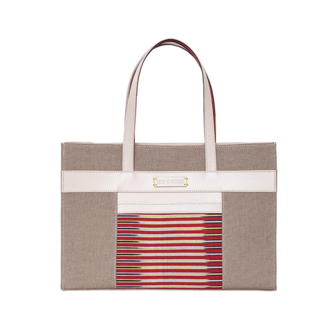 Casual Stripe Tote with Leather Trim and Logo Graphic