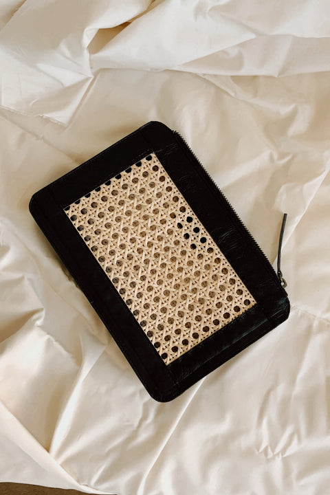 Evening Geometric Rattan Clutch with Leather Trim