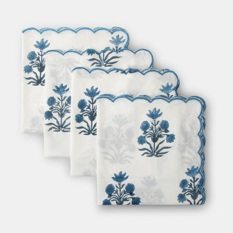 Powered by People Azure Handblocked Floral Scallop Trim Napkin for Tabletop Essentials - Set of 4