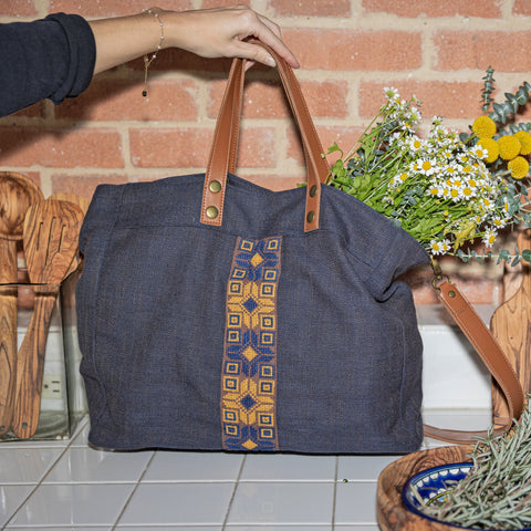 Geometric Embroidery Tote with Magnetic Snap and Pockets