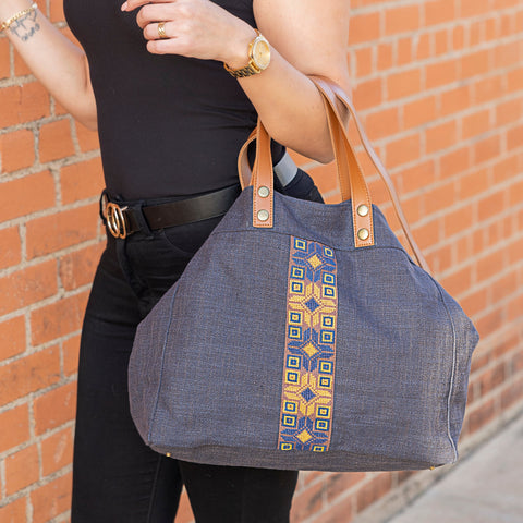 Geometric Embroidery Tote with Magnetic Snap and Pockets