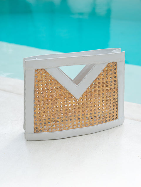 Vacation Handmade Geometric Rattan Clutch with Leather Trim