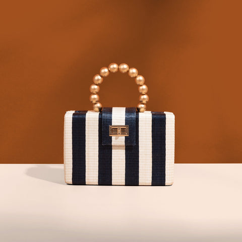 Handmade Beaded Stripe Raffia Clutch with Turn Lock Closure