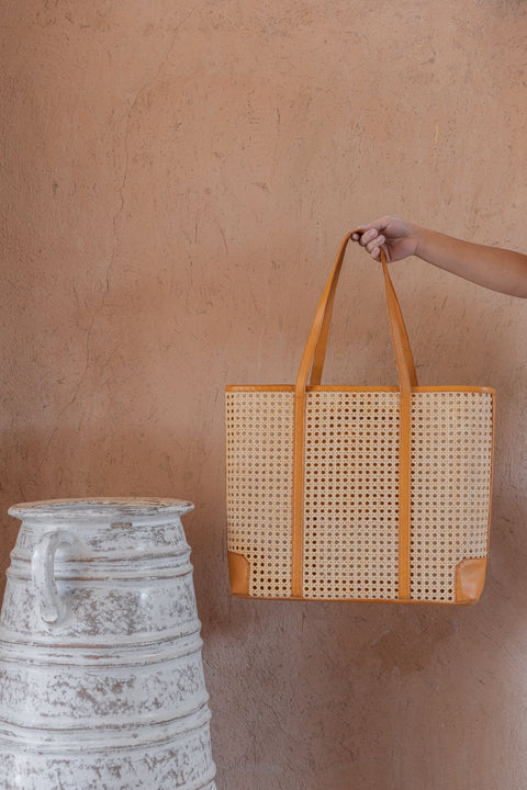Geometric Open Top Leather Rattan Tote