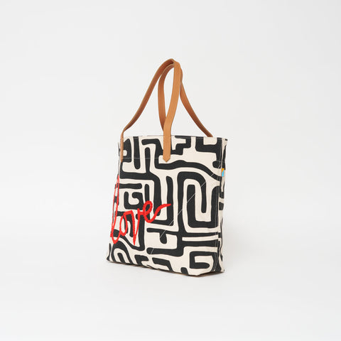 Love Graphic Hand Screen Printed Tote with Beads and Zipper