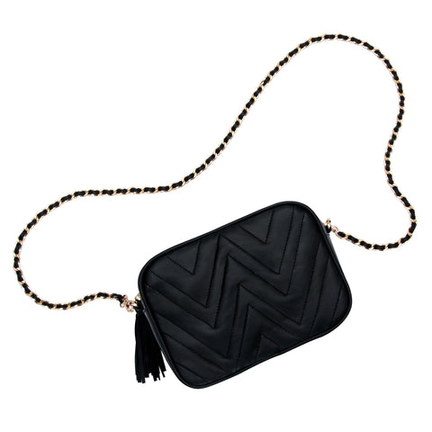 Chevron Quilted Crossbody with Tassels and Zipper Closure