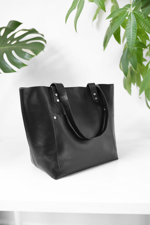 Solid Open Top Tote with Shoulder Straps and Exterior Pockets