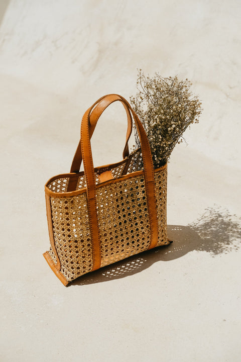 Casual Geometric Handmade Rattan Tote with Leather Trim