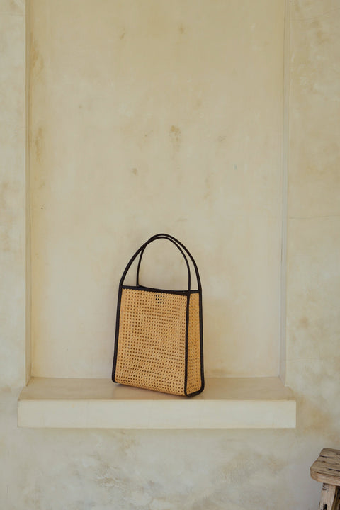 Casual Geometric Handmade Rattan Tote with Leather Trim