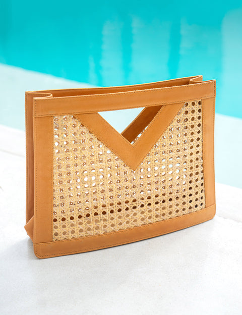 Vacation Handmade Geometric Rattan Clutch with Leather Trim