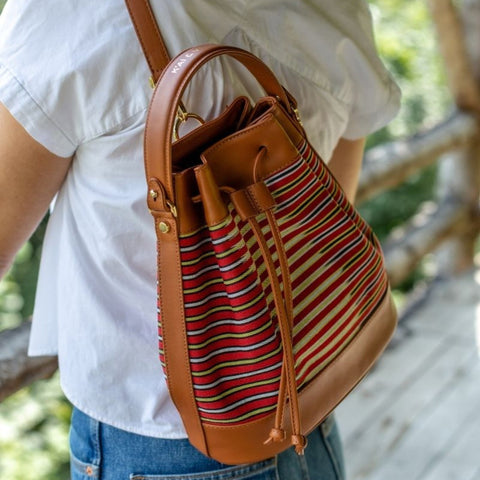 Casual Embossed Stripe Bucket Bag with Drawstring Closure
