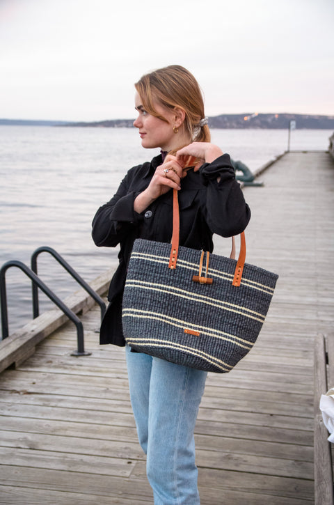 Beach Stripe Handmade Tote with Drawstring Closure