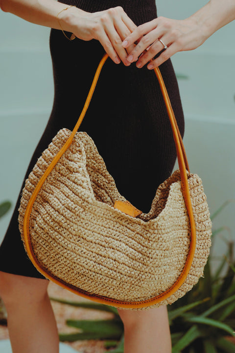 Beach Handwoven Raffia Open Top Tote with Leather Trim